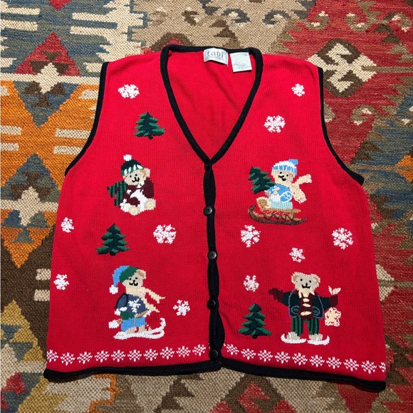 Tabi International Jackets & Blazers - Festive Red Knit Vest with Holiday Bears